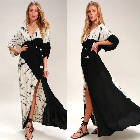 Lulus | Dresses | Lulus Needed Me Black Tie Dye Maxi Belted Dress Long Boho  V Neck Xs | Poshmark